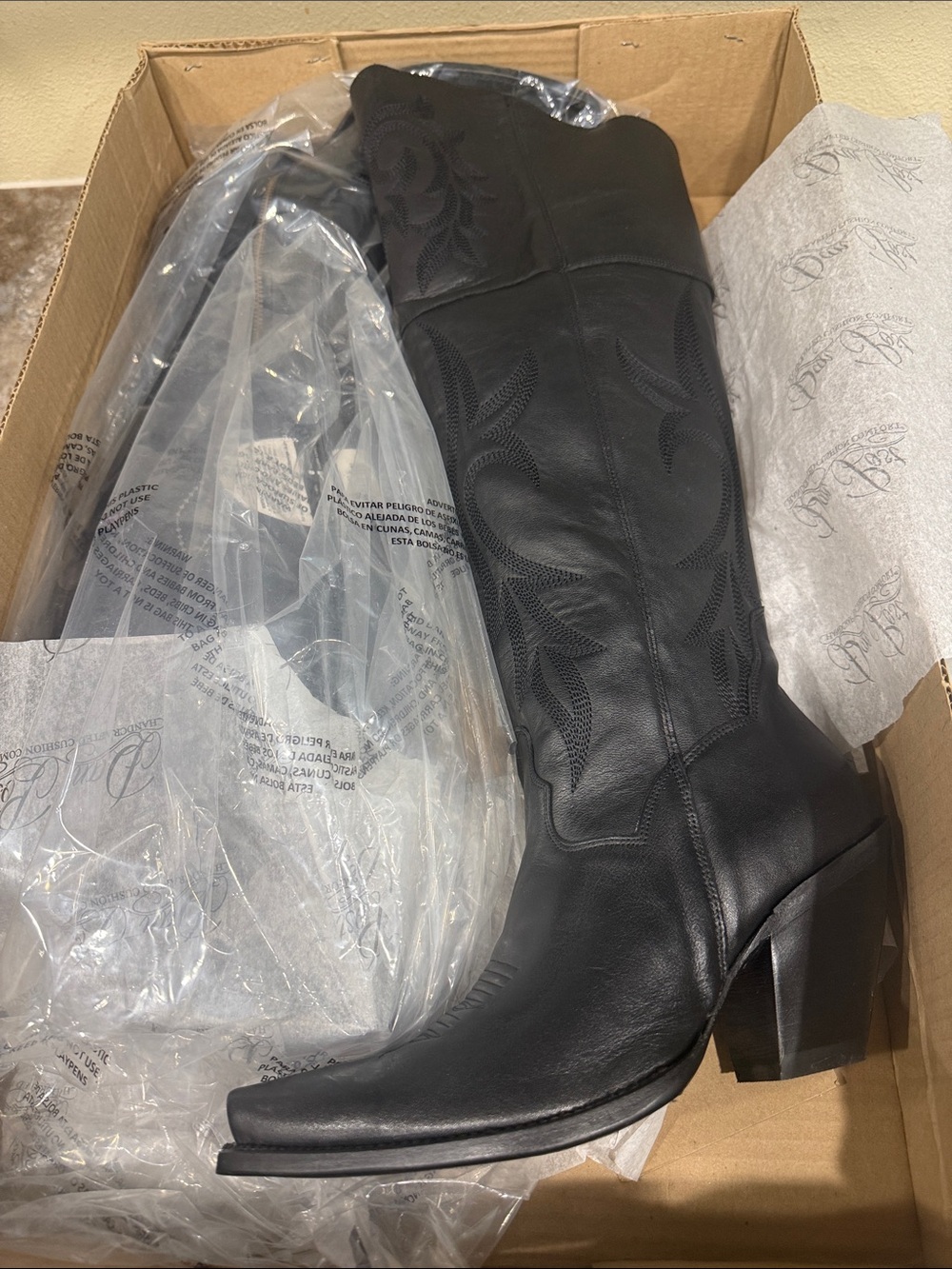 Dan Post Black Leather Over-the-Knee Western Boots with Embroidered Shaft